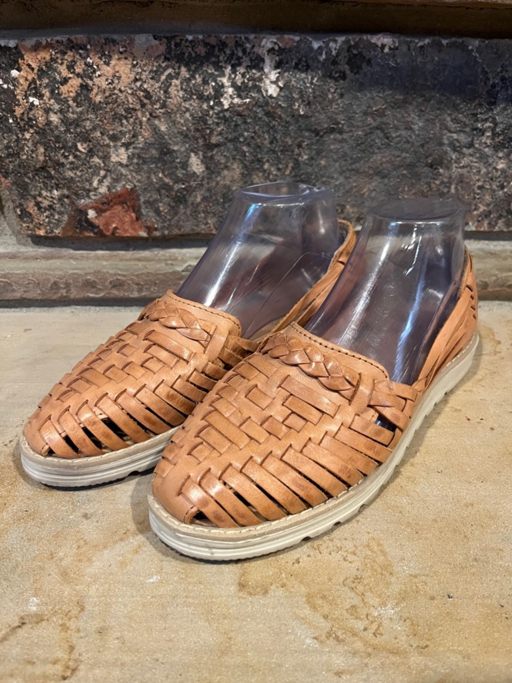 Macarena Collection Tan Woven Leather Huarache Slip On Shoes